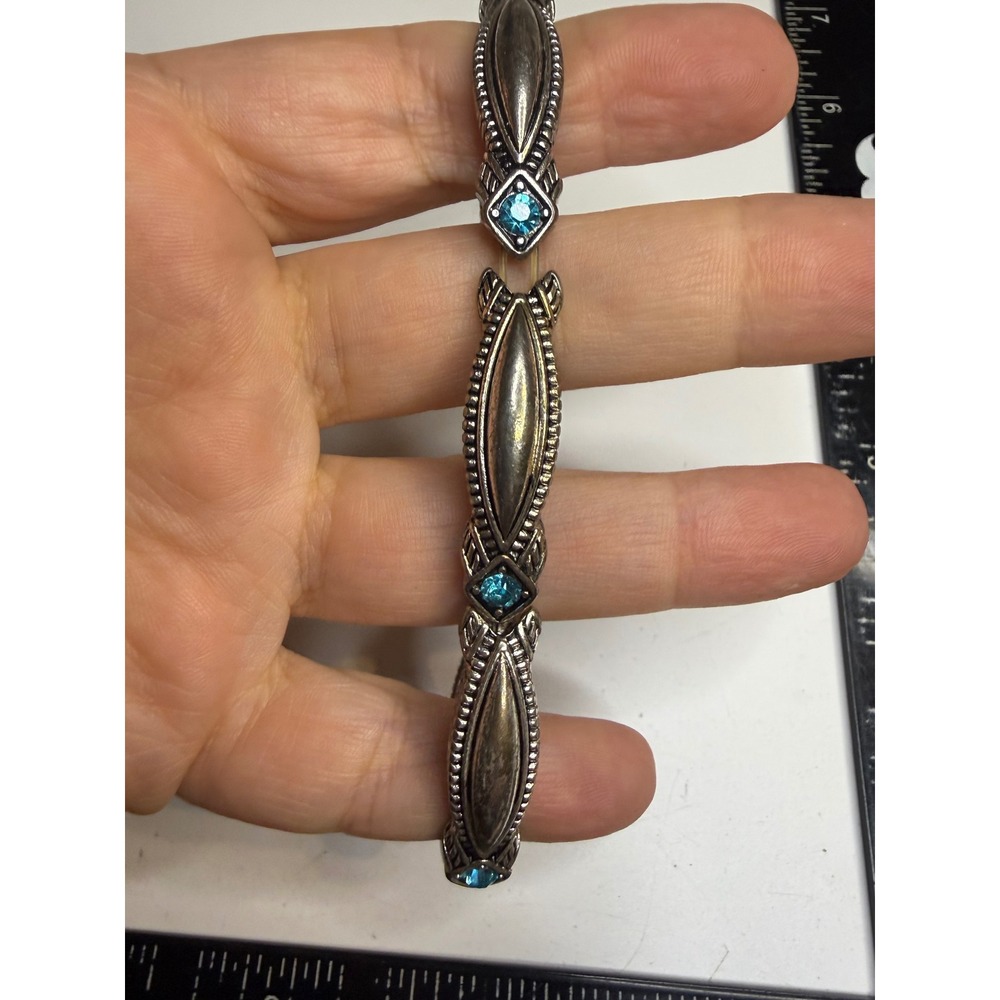 Silver Tone Southwestern Stretch Bracelet Blue Rhinestone Engraved Boho Jewelry